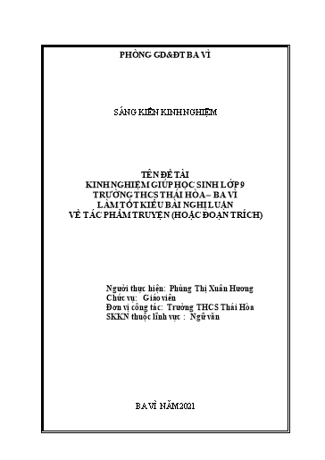 Sáng kiến kinh nghiệm Kinh nghiệm giúp học sinh Lớp 9 trường THCS Thái Hòa – Ba Vì làm tốt kiểu bài nghị luận về tác phẩm truyện (hoặc đoạn trích)