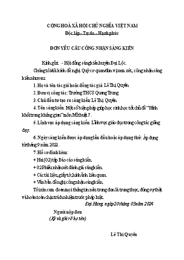 Sáng kiến kinh nghiệm Một số biện pháp giúp học sinh học tốt chủ đề “Hình khối trong không gian” môn Mĩ thuật 7 (bộ sách Chân trời sáng tạo)