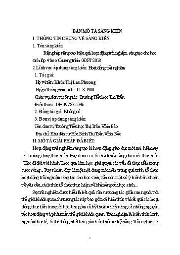 Sáng kiến kinh nghiệm Biện pháp nâng cao hiệu quả hoạt động trải nghiệm sáng tạo cho học sinh Lớp 4 theo Chương trình GDPT 2018