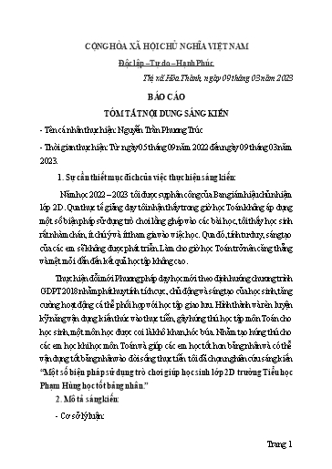 Sáng kiến kinh nghiệm Một số biện pháp sử dụng trò chơi giúp học sinh Lớp 2 trường Tiểu học Phạm Hùng học tốt bảng nhân (Toán 2, sách Chân trời sáng tạo)