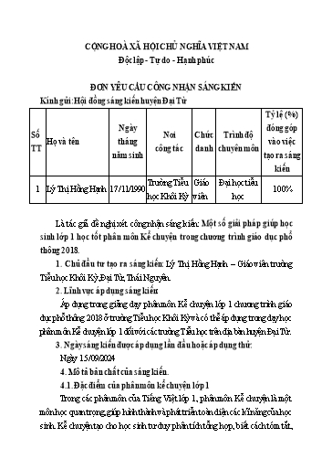 Sáng kiến kinh nghiệm Một số giải pháp giúp học sinh Lớp 1 học tốt phân môn Kể chuyện trong chương trình giáo dục phổ thông 2018