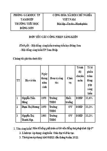 Sáng kiến kinh nghiệm Rèn kĩ năng giải toán có lời văn bằng hai phép tính Lớp 3