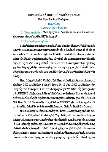 Sáng kiến kinh nghiệm Giáo dục ý thức bảo tồn di sản văn hóa cho học sinh trong giảng dạy môn Mĩ Thuật Lớp 9