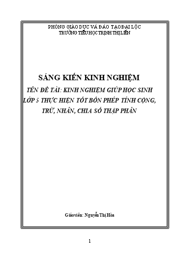 Sáng kiến kinh nghiệm Kinh nghiệm giúp học sinh Lớp 5 thực hiện tốt bốn phép tính cộng, trừ, nhân, chia số thập phân