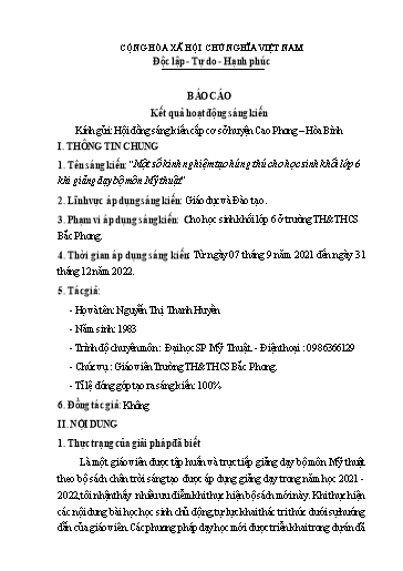 Sáng kiến kinh nghiệm Một số kinh nghiệm tạo hứng thú cho học sinh khối Lớp 6 khi giảng dạy bộ môn Mỹ thuật, bộ sách Chân trời sáng tạo