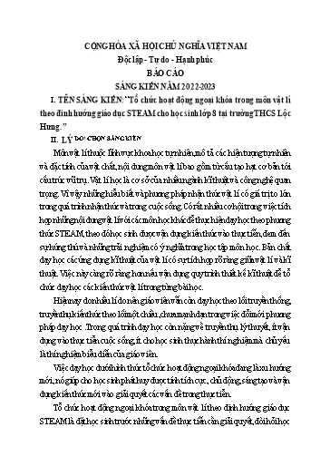 Sáng kiến kinh nghiệm Tổ chức hoạt động ngoại khóa trong môn Vật lí theo đinh hướng giáo dục STEAM cho học sinh Lớp 8 tại trường THCS Lộc Hưng